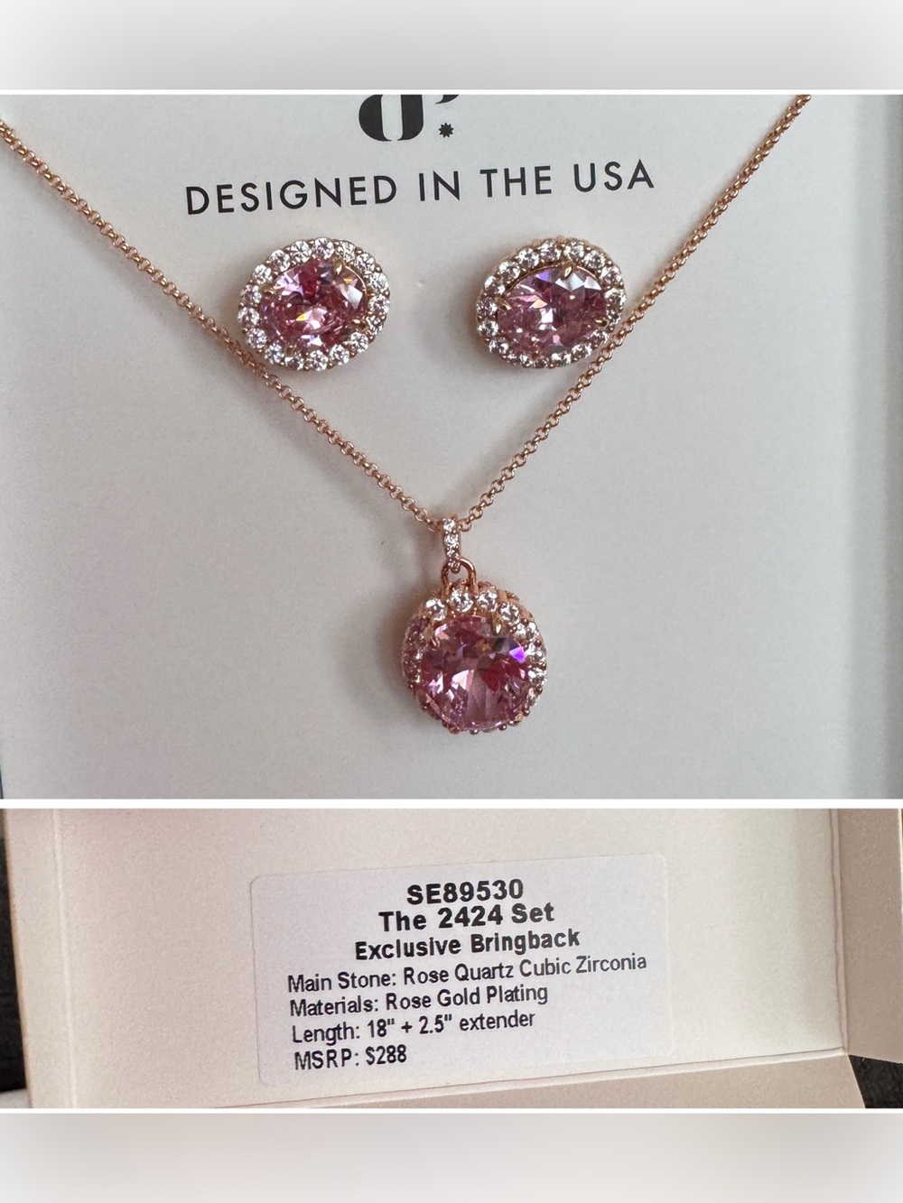Rose Gold Rose Quartz Pendant Necklace & Stud Earrings Set - The 2424